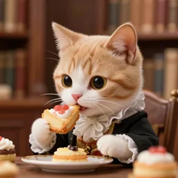 closeup profile face portrait of a tiny toy cat dressed as a victorian lord eating cakes in a library, nicoletta ceccoli, mark ryden, lostfish, max fleischer, hyper realistic, artstation, illustration, digital paint, matte paint, vivid colors, bright, cheerful, detailed and intricate environment