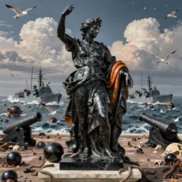 portrait, oceanic naval battles, architectural, colossal thunders, cannonballs, war, seagulls, famine, death, wide angle, puffy clouds, skies behind, stars in sky, italian masterpiece, Ashford Black Marble, sculpture, baroque, draped with water and spines, drapes, ocher details, still life, Obsidian, portrait, worms, render, artstation, ultra detailed