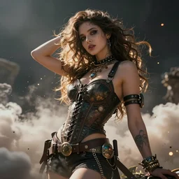 a beautiful female goddess of the post punk character, character is in all its glory, character is in her natural relaxed pose, rim lights, particles and dust in the air, fancy clouds, highly detailed professional photo, dynamic lights, particles are flying, depth of field, trending on artstation, professional illustration, hyper realistic, vray caustics, super detailed, colorful accents, cinematic shot
