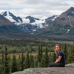 Scarlet Johansson headshot portrait photo in outdoors Alaska wilderness in summer with mountainous background as seen from scenic viewpoint. panoramic view.