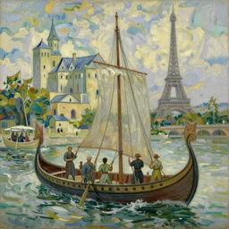 oil painting of a viking longships invading medieval paris in summer, light scatter, van gogh