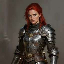 portrait of smug female warrior looking coy in medieval leather armor, trending on artstation, digital art ( by jesper ejsing ) ( by clint cearley ) ( by raluca marinescu )