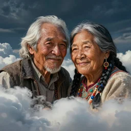 portrait of an indigenous grandfather and grandmother in the clouds, smiling, protection, benevolence, ancestors, detailed faces, trending on deviant art, art by christophe vacher