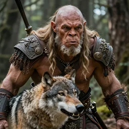 vfx movie closeup detailed ancient warrior orc hunting wolf in the forest, natural lighting by emmanuel lubezki
