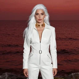 portrait of a beautiful israeli girl, with long white hair, in a white leather jumpsuit, standing in the middle of a red ocean, very beautiful style, her neck in gold rings, photorealism john singer sargent, edgard maxence