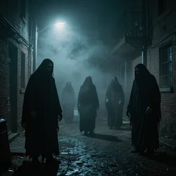 Creepy ghosts on a foggy night streer with neon streetlights by H.R. Giger