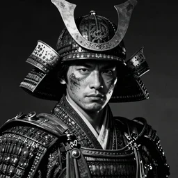 Samurai portrait, battle scarred, dramatic, art by Frank Miller, black and white