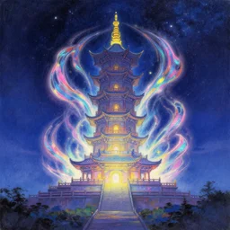 a landscape pastel in the style of noriyoshi ohrai of an ancient holy tower, it has iridescent mana radiating from it. it is centered. the background is the starry sky at night. key art. 4 k retrofuturistic fantasy