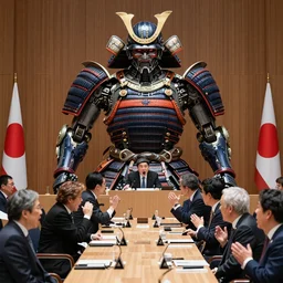 UN meeting at The Hague , members yelling at Japan’s seating member, a large godlike masked and helmeted cyborg samurai , Photo realistic , Gregory Crewdson , Award winning. Masterpiece, exquisite detail, post processing