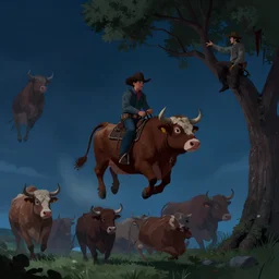 A herd of demon-cattle riding through the sky while a cowboy sits under a tree at night digital art, trending on artstation