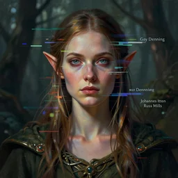 portrait of an elven druid modest woman, mysterious, glitch effects over the eyes, shadows, by Guy Denning, by Johannes Itten, by Russ Mills, centered, glitch art, innocent, hacking effects, chromatic, cyberpunk, color blocking, digital art, concept art, abstract