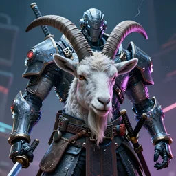 wide shot, photo of a goat head, a huge humanoid goat-man with a katana, in a heavy futuristic armour without a helmet, hyper realistic, hyper detailed, coherent photo, trending on artstation, cyberpunk, Japanese style, volumetric lightning, neon, electric colours, Cinematic, Dramatic, Film Grain, Kodak Portra, Depth of Field, 15 mm octane render, 4k, raytracing, blender