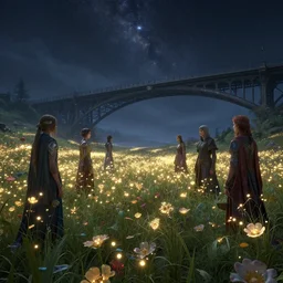 a fantasy landscape with a field of glowing flowers and a bridge in the sky, stars, ultra realistic, concept art, intricate details, eerie, highly detailed, photorealistic, octane render, 8 k, unreal engine. art by rebecca guay and artgerm and greg rutkowski and charlie bowater and magali villeneuve