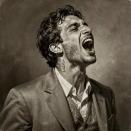 photorealistic sepia - toned painting of a single screaming male in a grey suit, nabatean aramaic tattoos on his skin, atmospheric lighting, by clyde caldwell, dark, brooding, painted, intricate, ultra detailed, well composed, best on artstation, cgsociety, epic, stunning, gorgeous, intricate detail, much wow, masterpiece, cinematic aesthetic octane render, 8 k hd resolution,