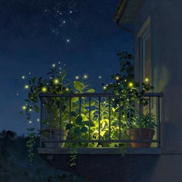 a balcony filled with plants, some fireflies around it, against a starry night sky, dreamy, french painting style ,