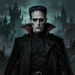 a highly detailed color illustration portrait of a half - vampire, dark moody eerie castle setting, horror art, d & d portrait, planescape portrait, frankenstein, hires, cgsociety, 4 k, centered, art by tim hildebrandt and frank frazetta and gerald brom and greg rutkowski