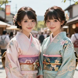 ross tran, luxury, loish, big eyes, cryengine, smile, dreamlike art, trending on artstation, good looking, 4 k realistic, fuji choko, 8 k resolution, realistic shaded lighting poster by artgerm, hyper details, realistic shaded, two beautiful fashion anime girls wear fantasy kimono in festival, sunny