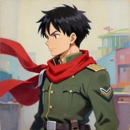 greg manchess portrait painting of mikasa ackerman with red scarf in military uniform as overwatch character, medium shot, asymmetrical, profile picture, organic painting, sunny day, matte painting, bold shapes, hard edges, street art, trending on artstation, by huang guangjian and gil elvgren and sachin teng