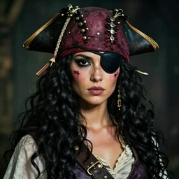 8k, render, hyper realistic, portrait, female, pirate, beautiful, eye patch, scar, black eyes, long black curly hair