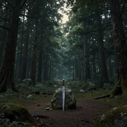 scene of a vast forest, far in the distance, in the middle of the forest is a clearing with the focus on a sword in a stone, dusk, low - light, sun rays peaking through canopy, high detail, fantasy, artstation, 8 k, wide angle