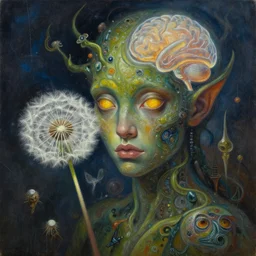 portrait oil painting, abstract expression, subconscious connects, dimensional consciousness, fantastical, ultra realistic, dandelion in a symbiosis with a plant humanoid monster at night, glowing eyes, amber, intricate details, artifacts, luminous skies, transparent brain, highly detail, michael cheval, peter mohrbacher, boris vallejo, jessica rossier, oil