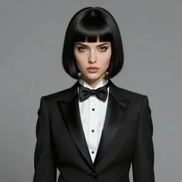 the chemical brothers - eve of destruction, slim cruel business girl in tuxedo with black bob hair, elegant, 2 d, ultra highly detailed, digital painting, smooth, sharp focus, artstation, art by ilya kuvshinov!