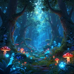 A masterpiece digital art piece of a glowing magical forest. There are glowing blue plants, glowing red mushrooms, big trees and overhanging shrubbery. The air is fresh, stress-relieving. Heaven on earth. Trending on Artstation, cgsociety.