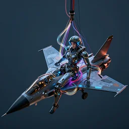 dark realism a beautiful robot fighter pilot is suspended by luminous intricate organic and colorful electric cables and wires and fiber to the jet
