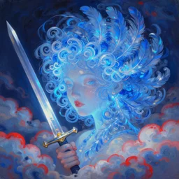 a painting of head made of curling blue light who made of curly and transparent feathers and cloud with red edges is holding a sword, a digital painting by charlie bowater, made of many translucent layers of blue feathers and cloud, metaphysical painting, speedpainting, digital painting, holographic undertones, highly saturated colors, 4 k, glossy eyes, concept art, trending on artstation