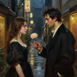 beautiful oil matte portrait painting, man offering a flower to a woman in a tokyo alley at night, raining, wonderful masterpiece highly detailed, beautiful cinematic light deep focus, elegant, digital painting, smooth, sharp focus, golden ratio, dramatic illumination, ultra realistic, 8 k, art by artemisia lomi gentileschi and caravaggio