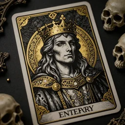 Portrait of the Prince of Entropy wearing a crown, high fantasy, black paper, dark atmosphere, skulls, detailed, cinematic, ornate, tarot card, highly detailed, ink illustration, golden ratio, 8k,