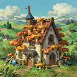 chanterelle house village, artstation, ghibli studio, pixar, dreamworks , disney, epic composition, unreal engine, intricate details