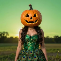 pocahontas pumpkin face and peacock dress, green sunset, howl next to main character, vibrant palette