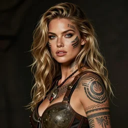 gorgeous!! hyper - realistic woman resembling kate upton as a post - apocalyptic warrior girl with tattoos & tribal face paint