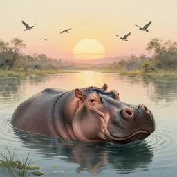 very sad hippo waking up in a beautiful river landscape, birds flying, sunrise, drawn by brigette barager, intricate details, beautiful shading, emotional, trending on artstation