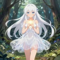 full body cute bombshell anime waifu woman with white floating hair, translucent white magical girl dress. holding tiny glowing star. isekai enchanted forest, symmetrical detailed defined eyes and face. beautiful lineart. pixiv # 1 ranking depth of focus, chromatic aberration, noise, soft light, srgb, 4 k, by rembrant, kuvshinov, and ross tran