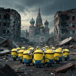 army of minions in the middle of the ruins of cyberpunk moscow after the bombing, a minimum of surviving houses, a dim sky, a dead city