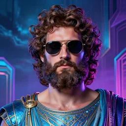 portrait of glamor greek god zeus | wearing sunglasses | curly hair, beard | lighting storm background | highly detailed | very intricate | professional model | cinematic lighting | painted by donato giancola and mandy jurgens and charlie bowater | bold colors, artdeco, art deco synthwave blue purple pink aesthestic, 8 0's nostalgia | featured on artstation