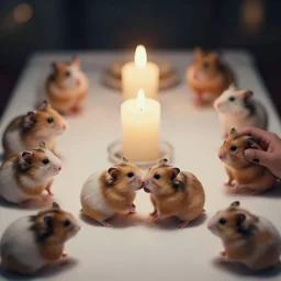 photo of a hamsters on a date, kissing, at night, romantic, faded colors, candlelit restaurant table, cinematic color grading, various poses, soft light, centered, sharp focus, 8 k