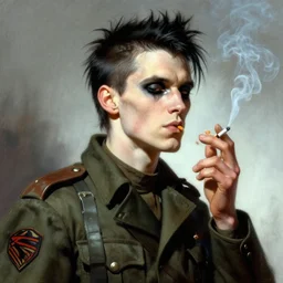 portrait of a skinny punk goth soldier smoking a cigarette by simon bisley, john blance, frank frazetta, fantasy, barbarian