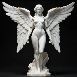 a statue made of white marble with gold veins, of an beautiful gorgeous futuristic cybernetic angel girl, prostheses, transhumanism, full body shot, perfect symmetrical body, perfect symmetrical face, black background, hyper realistic, hyper detailed, by johannen voss, by peter kemp, by monia merlo, by michelangelo, octane render, blender, 8 k