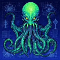 comic art portrait of jewel fluorescent evil cthulhu in the style of Rob Lefield and Dan Mumford , trending on artstation, digital art,surrealism ,macro,blueprint ,vaporwave , black outline
