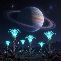 speculative biology, alien flowers, bioluminescense, nighttime, galaxy in night sky, large ringed planet in night sky, octane render, artstation, by ted nasmith, 8k