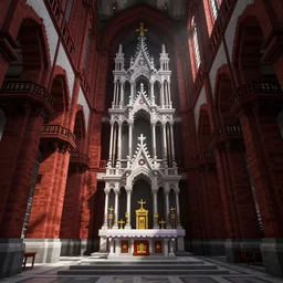 minecraft build of a detailed interior of a tall cathedral with deep red black and white, elaborate altar in the center with balconies along the side