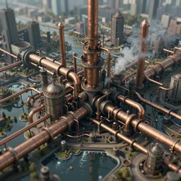 an elaborate penned illustration of a apocalyptic intricate connected city of tubes and pipes, muted colors, copper pipers, by jan van haasteren and jheronimus bosch, unreal engine, physically based rendering, ariel view, tilt - shift, shiny, industrial, water, smoke, reflective, cinematic, isometric, beksinski