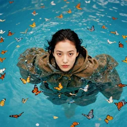 a closeup portrait of a woman wearing a cloak, swimming in a pool of millions of butterflies, color photograph, by vincent desiderio, canon eos c 3 0 0, ƒ 1. 8, 3 5 mm, 8 k, medium - format print