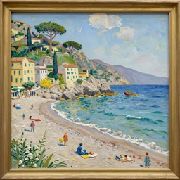 impasto relief painting of a beautiful italian beach scene, signac andclaire tabouret