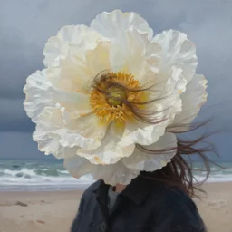 closeup, giant flower the head, a girl on beach, surreal photography, wind and cold, dramatic sky, impressionist painting, digital painting, artstation, simon stalenhag