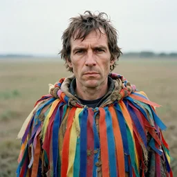 closeup portrait of a man with a cloak made of rainbow ribbons and mud, standing in an empty field, by Annie Leibovitz and Steve McCurry, natural light, detailed face, CANON Eos C300, ƒ1.8, 35mm, 8K, medium-format print