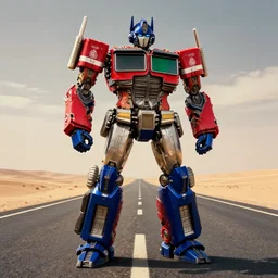 medium portrait of optimus prime transformer emblazoned with the nigerian flag standing in the middle of a deserted highway in the sahara desert, super hero pose, dramatic sky, concept art, trending on art station, aaa video game art, hyper realism, octane render
